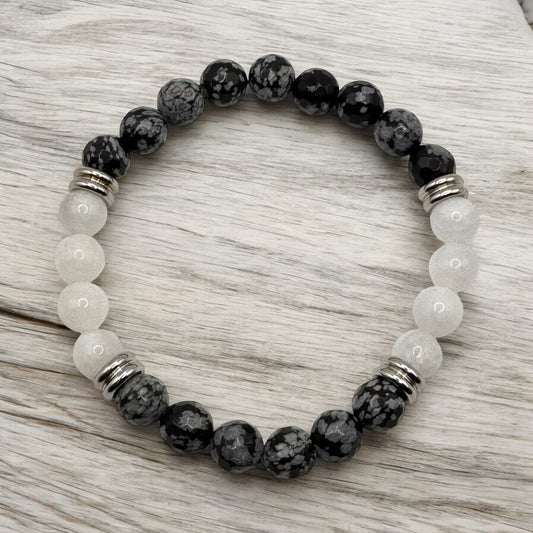 Rainbow Moonstone & Snowflake Obsidian Bracelet