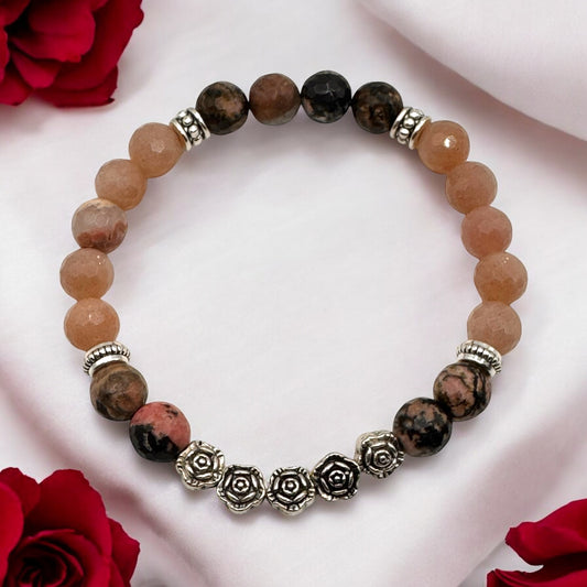 Rhodonite, Peach Moonstone & Rose charms