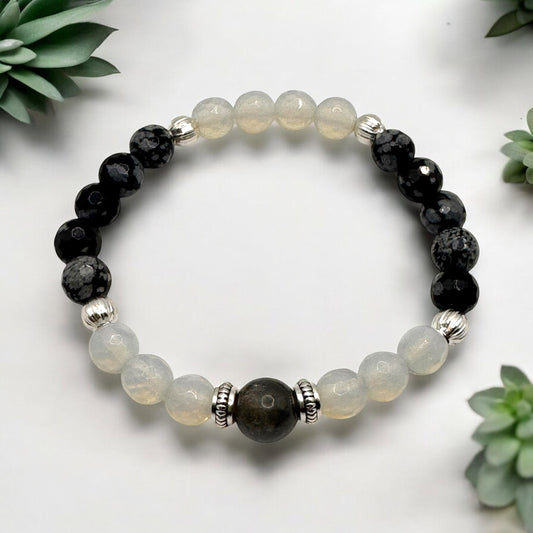 Opalite, Labradorite & Snowflake Obsidian Bracelet